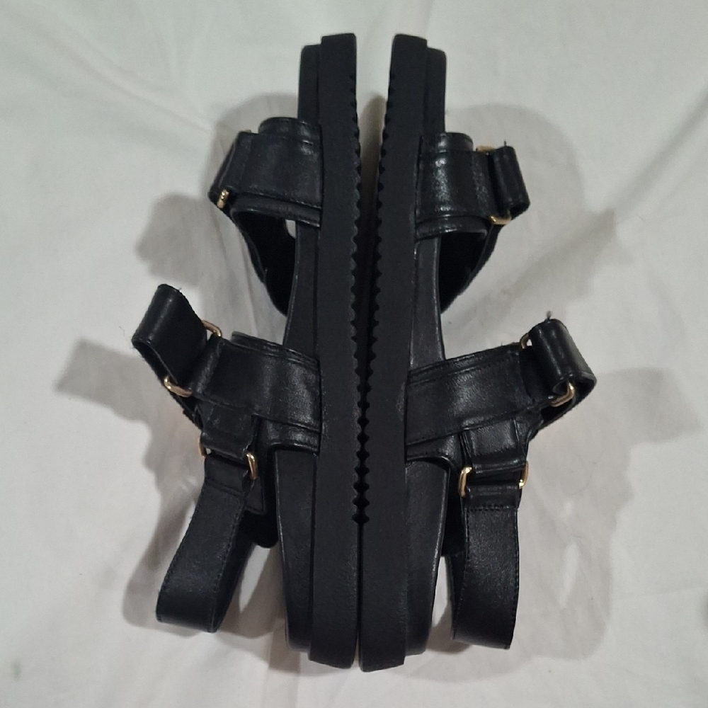 Steve Madden Black Leather Sandals with Gold Buckles - Picture 7 of 10
